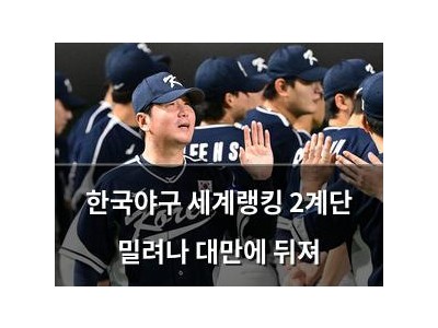 한국야구 세계랭킹 2계단 밀려나 대만에 뒤져